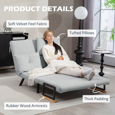 HOMCOM 4-in-1 Velvet-Feel Double Sofa Bed, with Pillows - Light Grey 