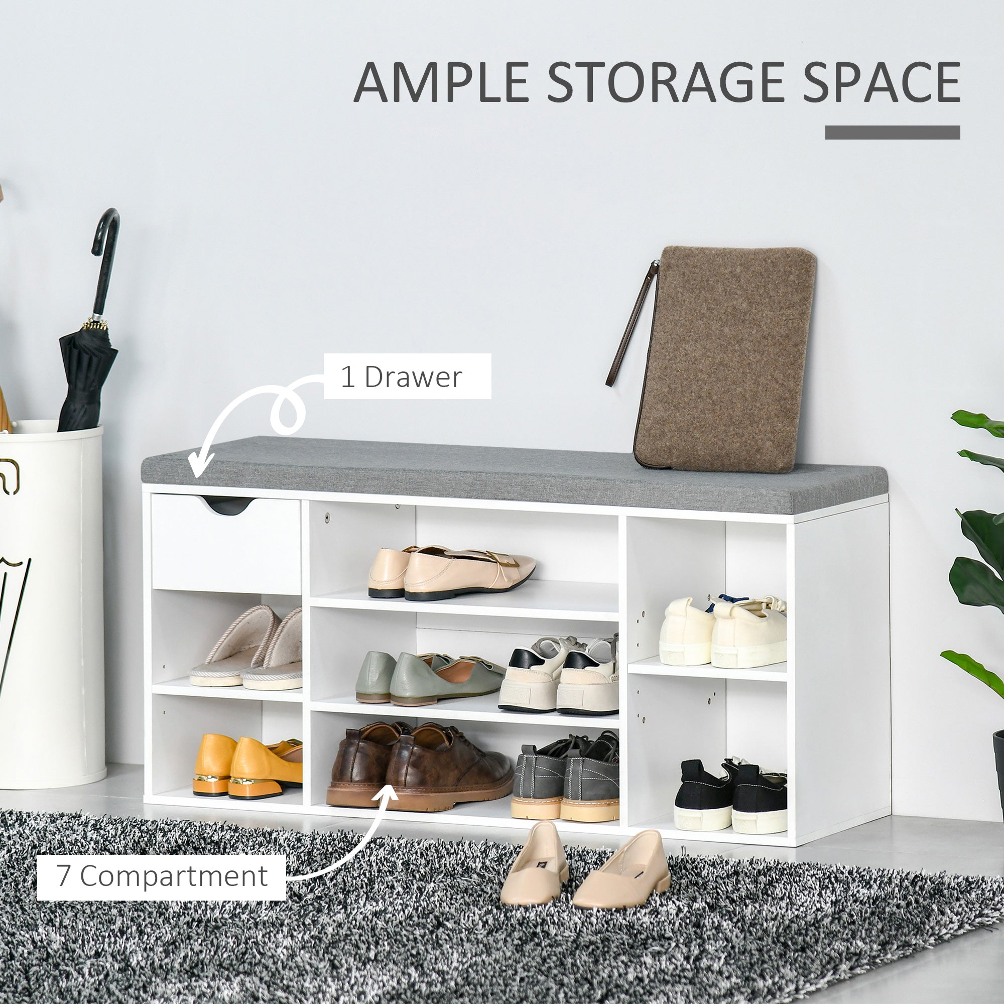 HOMCOM Shoe Bench with Seat Cushion Shoe Storage Cabinet with 7 Compartments Drawer Adjustable Shelves for Entryway Hallway Living Room White and Grey 