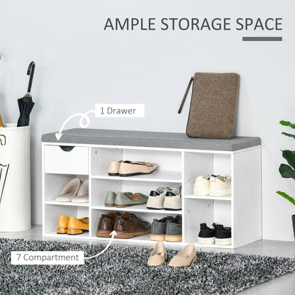 HOMCOM Shoe Bench with Seat Cushion Shoe Storage Cabinet with 7 Compartments Drawer Adjustable Shelves for Entryway Hallway Living Room White and Grey 