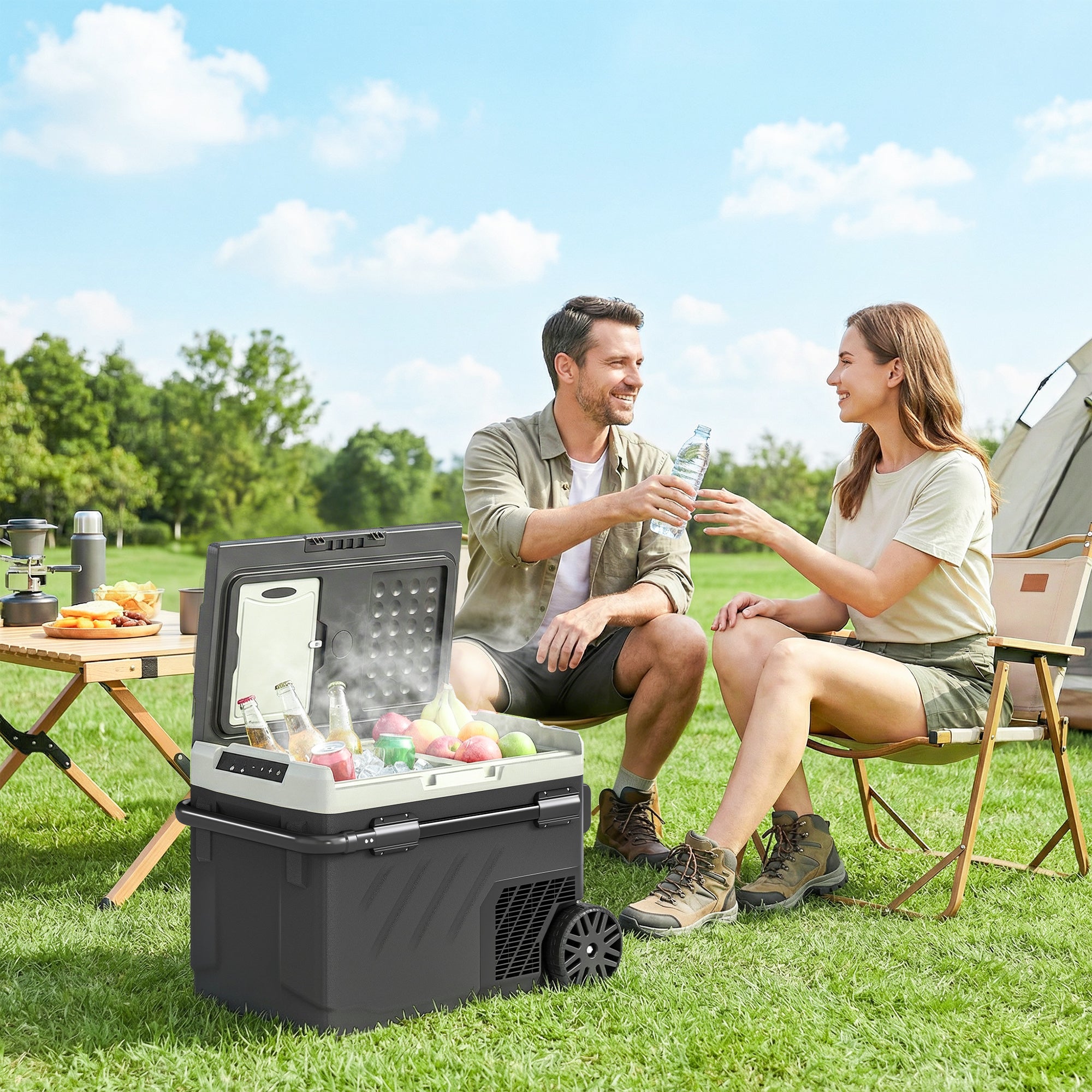 Outsunny 40L Compressor Car Fridge Freezer, Dual Zone Camping Refrigerator with App Control, Telescopic Handle, -20℃-20℃ 