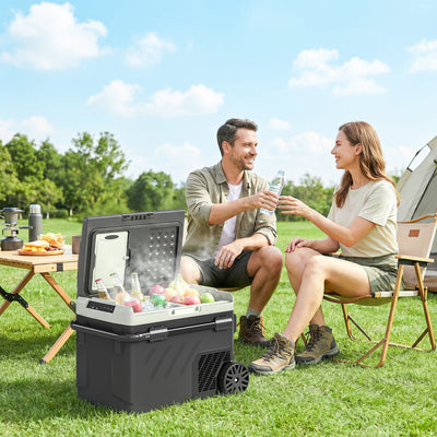 Outsunny 40L Compressor Car Fridge Freezer, Dual Zone Camping Refrigerator with App Control, Telescopic Handle, -20℃-20℃ 