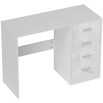 HOMCOM Computer Desk with Drawers, Dressing Table, High Gloss Home Office Writing Workstation, White 