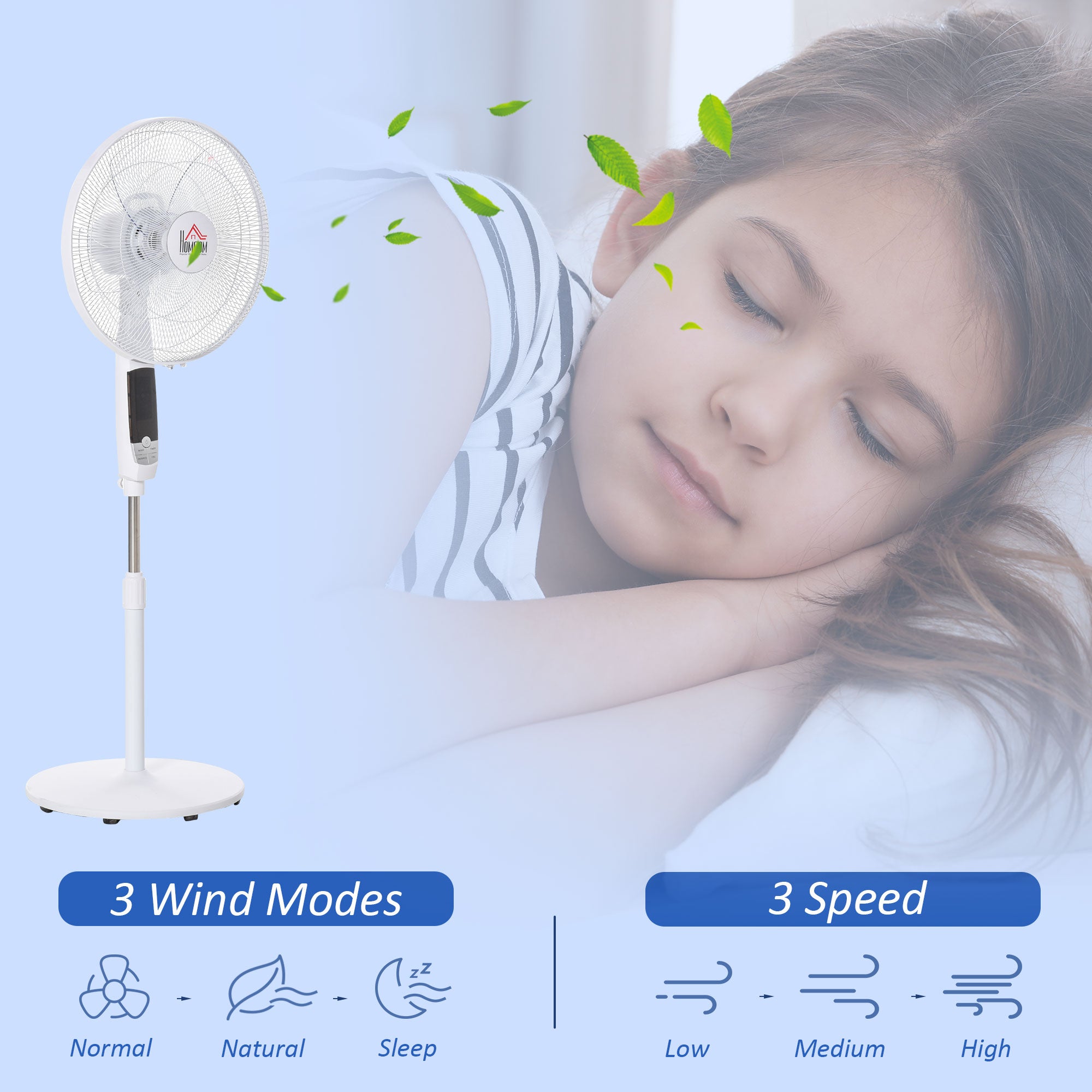 HOMCOM 16'' Pedestal Stand Fan, 3 Speed 3 Mode, 85° Oscillation, LED Panel, 3M Remote Controller, Height Adjustable for Living Room, Bedroom, Garage, Office, Black and White 