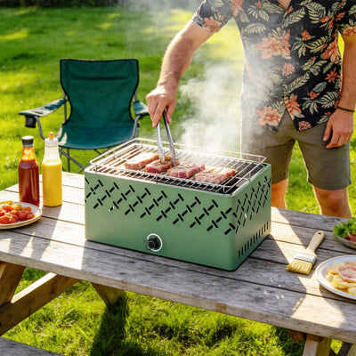 Outsunny Portable Charcoal BBQ Grill, Battery Powered Barbecue Grill with Built-in Fan for Camping Picnic, Light Green 