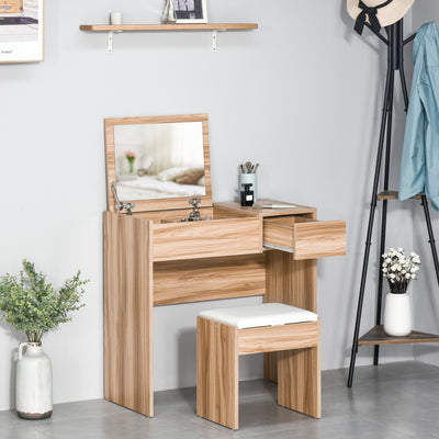 HOMCOM Makeup Desk with Drawer, Vanity Table Set with Flip-up Mirror and Cushioned Stool, Natural 