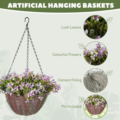 HOMCOM Artificial Flowers in Basket Set of 2, Artificial Hanging Baskets with 75 Leaves and 15 Flowers in Pot, Decorative Plant for Home Office Decor, Purple 