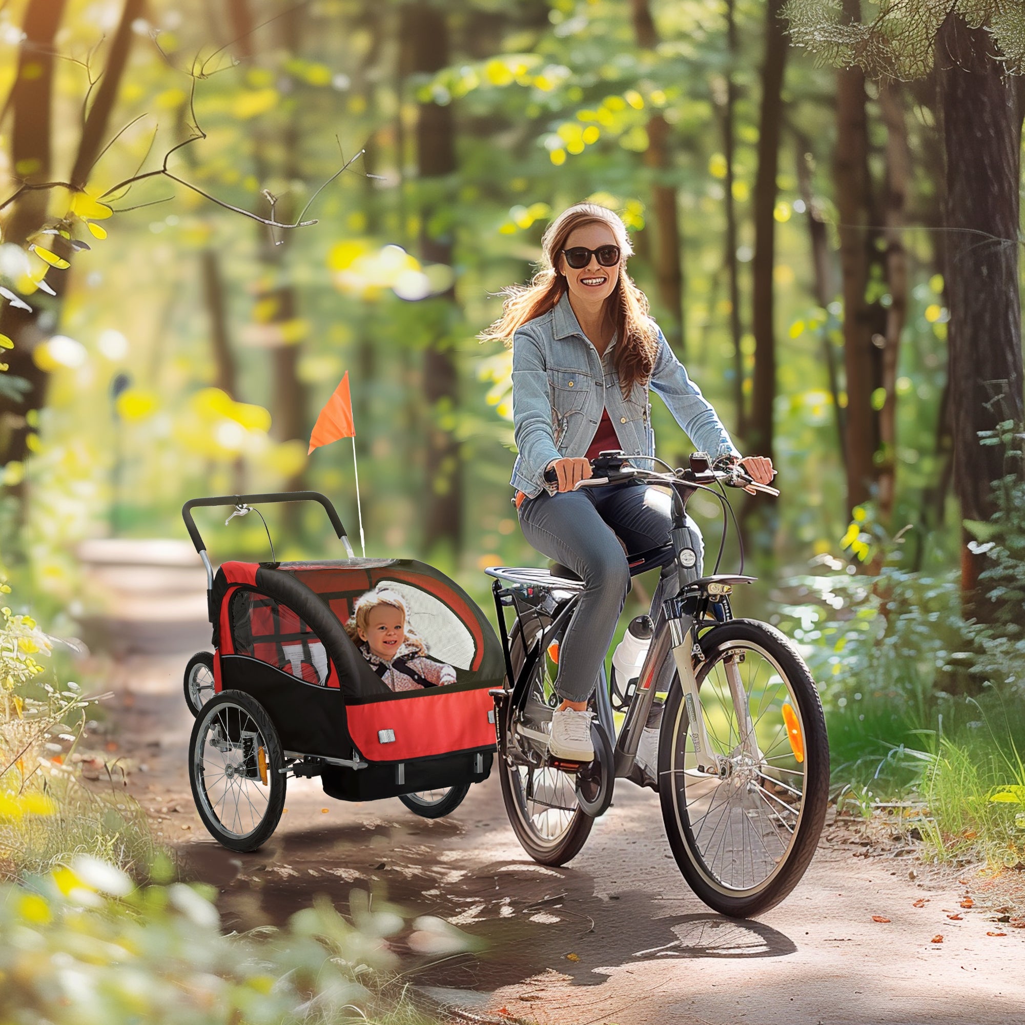 HOMCOM 2 Seat Bike Trailer with 5 Point Harness, Baby Bike Stroller with Safety Flag, Reflectors, for 18+ Months, Red 