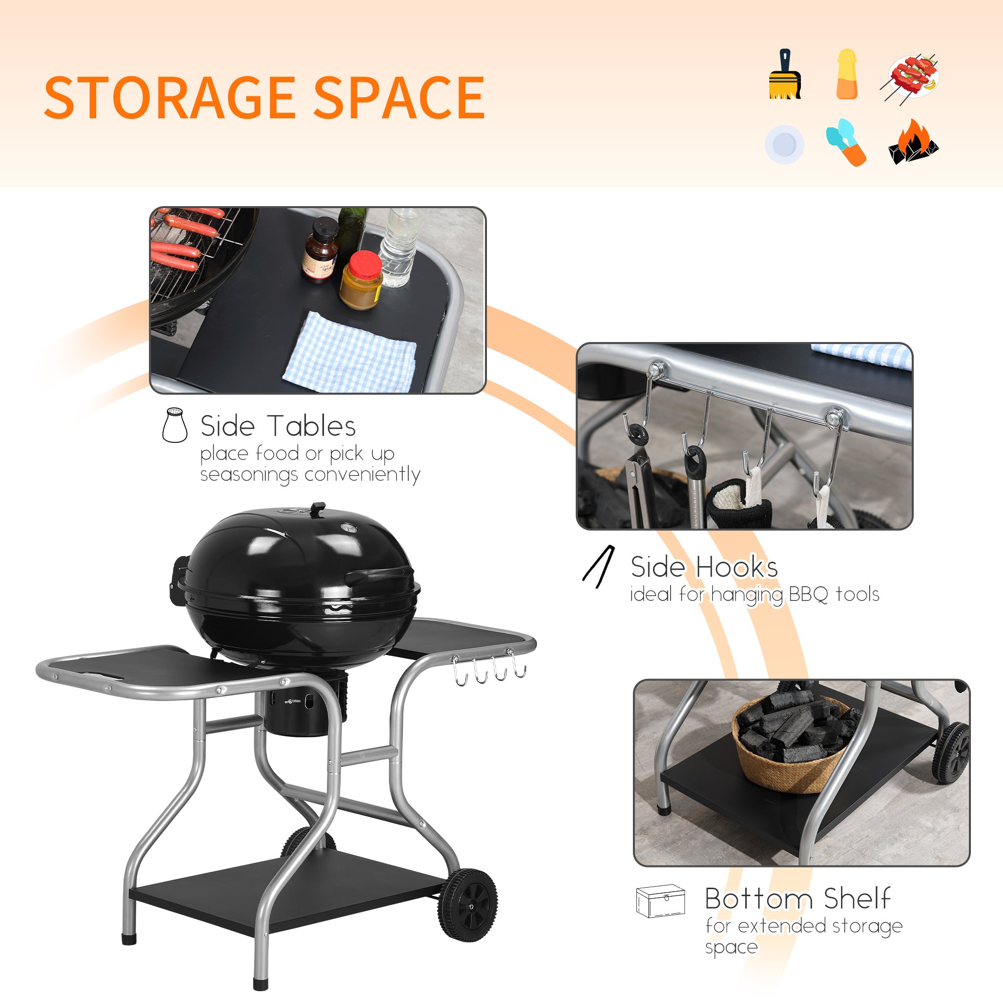 Outsunny Portable Charcoal Kettle Grill Outdoor Barbecue Trolley BBQ Heat Smoker Grilling with 2 Wheels, Storage Shelf and 4 Hooks, Free Standing, Black 