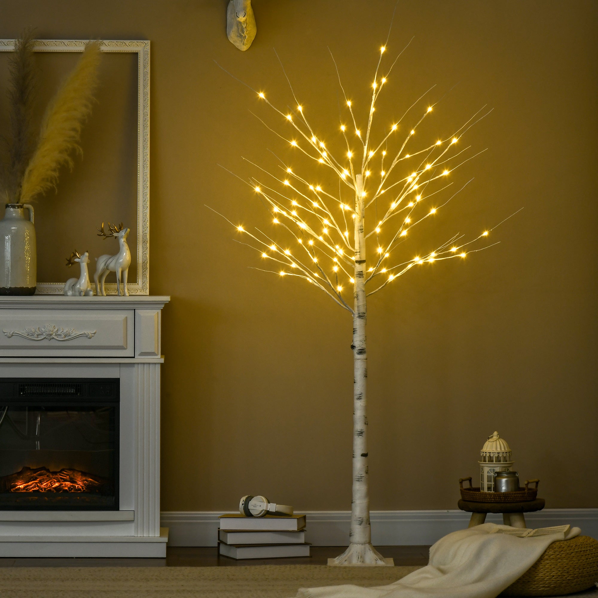 HOMCOM 6ft Artificial White Birch Tree Light with Warm White Pre-Lit LED Light for Indoor and Covered Outdoor Use 