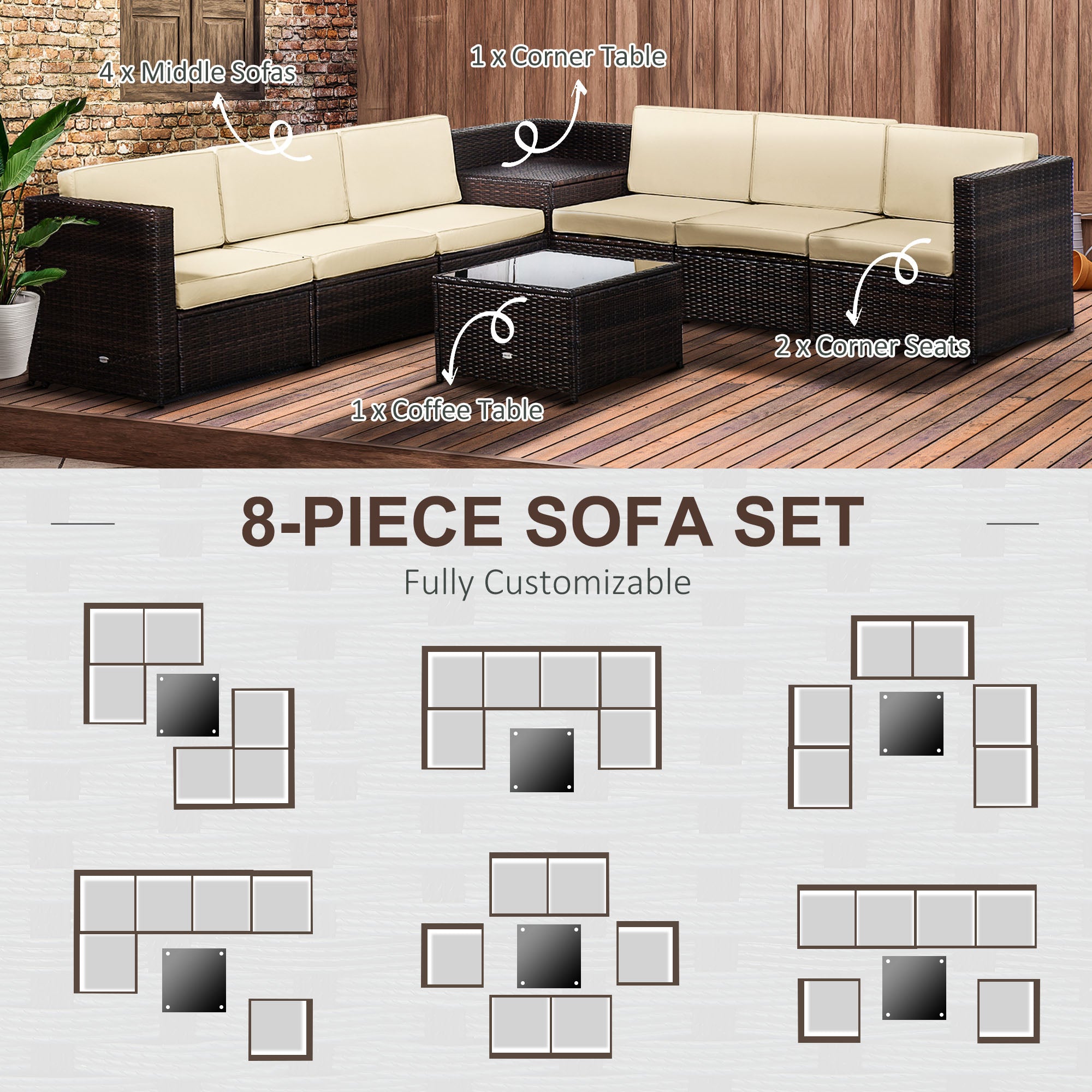 Outsunny 6-Seater Rattan Sofa Furniture Set W/Cushions, Steel Frame-Brown 