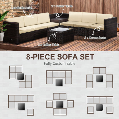 Outsunny 6-Seater Rattan Sofa Furniture Set W/Cushions, Steel Frame-Brown 