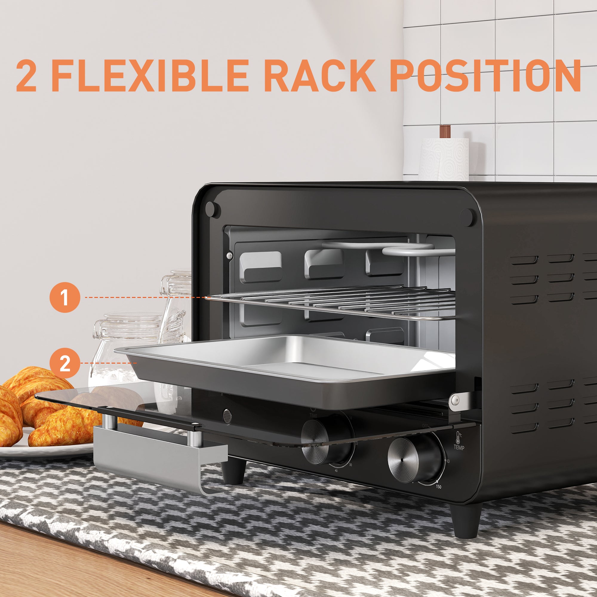 HOMCOM Small Toaster Oven, 12L Multifunction Mini Countertop Oven with Glass Door, Adjustable Temperature and Timer, Black 