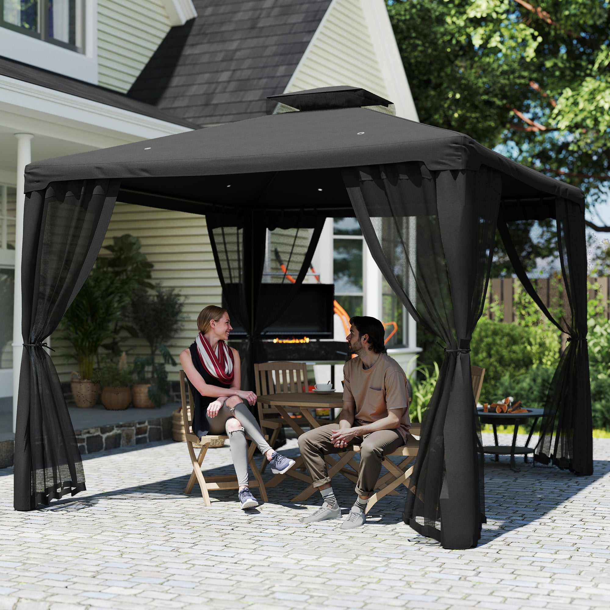 Outsunny 3 x 3 m Metal Gazebo, Garden Pavillion, Double Roof Outdoor Canopy Shelter with Mesh Sidewalls, Black 