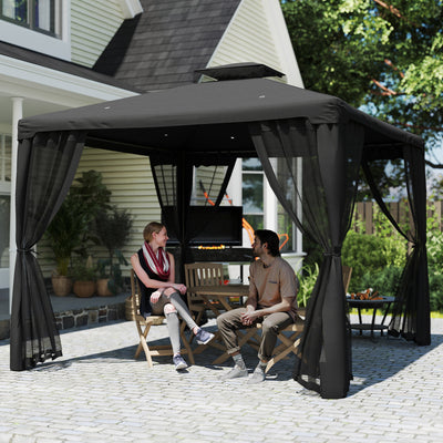 Outsunny 3 x 3 m Metal Gazebo, Garden Pavillion, Double Roof Outdoor Canopy Shelter with Mesh Sidewalls, Black 