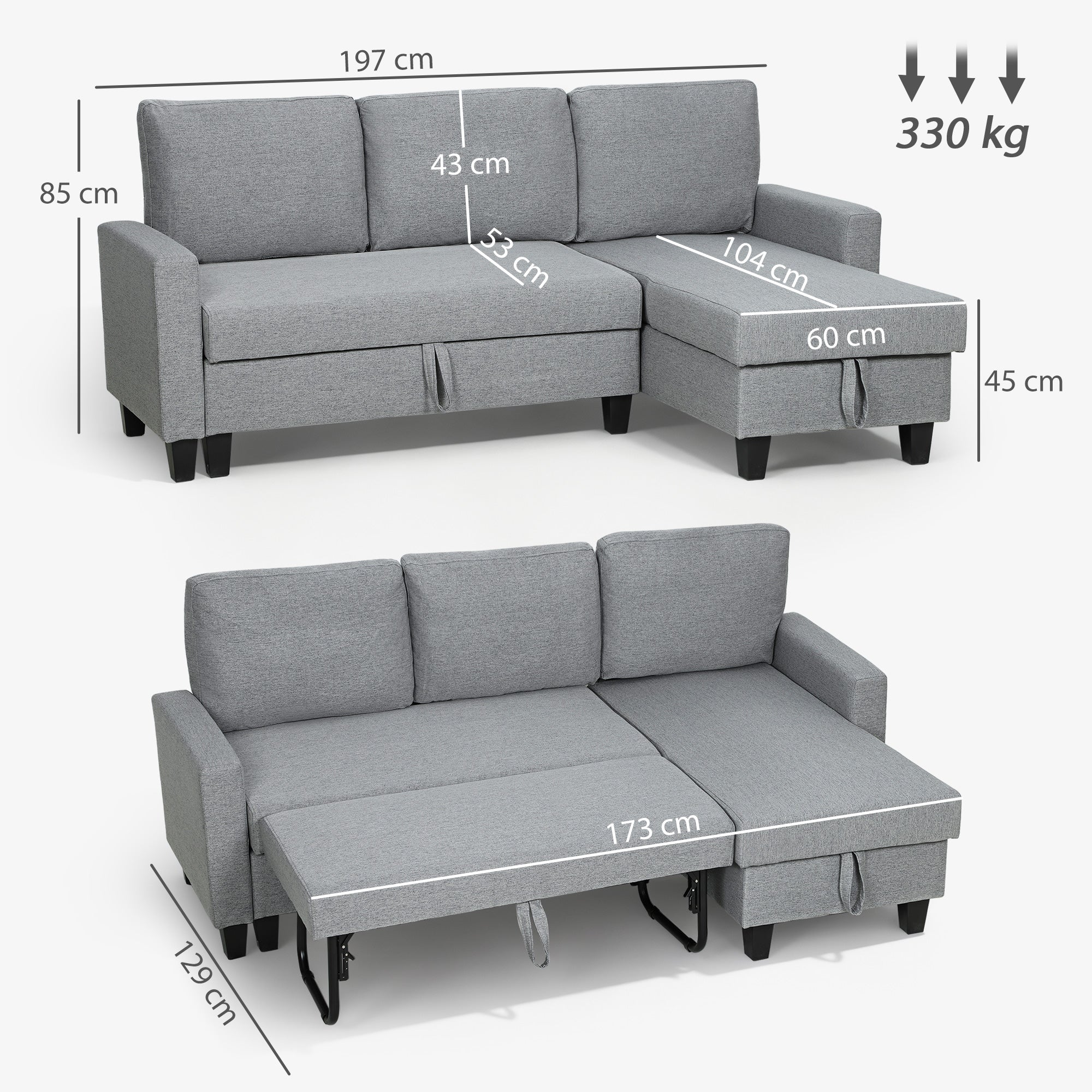 HOMCOM Three-Seater Storage Sofa Bed - Grey 