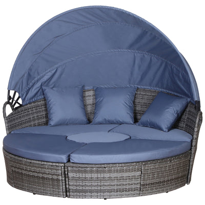 Outsunny PE Rattan Lounge Set, 5 Pieces Patio Conversation Furniture Set, Garden Round Sofa Bed with Cushion and Retractable Canopy, Grey 