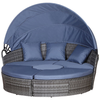 Outsunny PE Rattan Lounge Set, 5 Pieces Patio Conversation Furniture Set, Garden Round Sofa Bed with Cushion and Retractable Canopy, Grey 