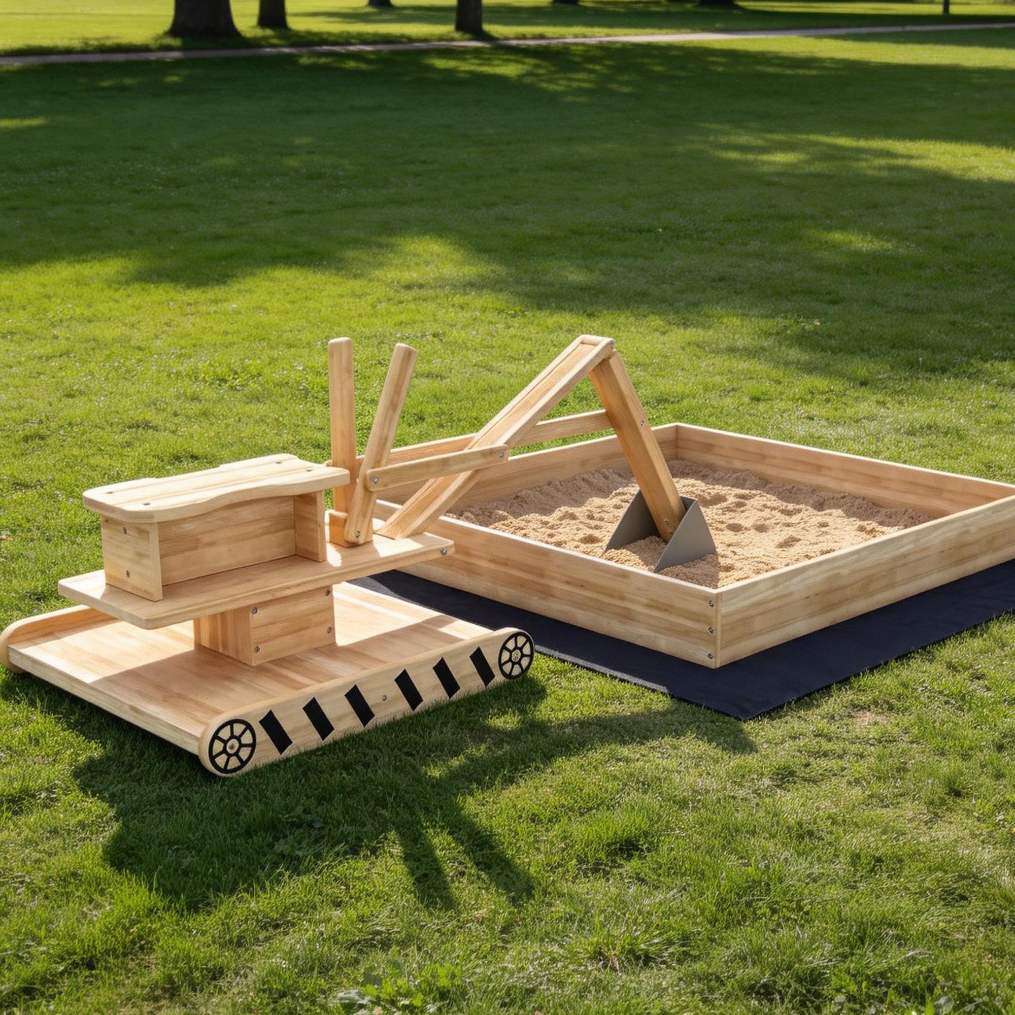 AIYAPLAY Wooden Sand Pit with Digger, Kids Sandbox Outdoor, SandPit with 360 Swivel Seat and Bottom Liner 