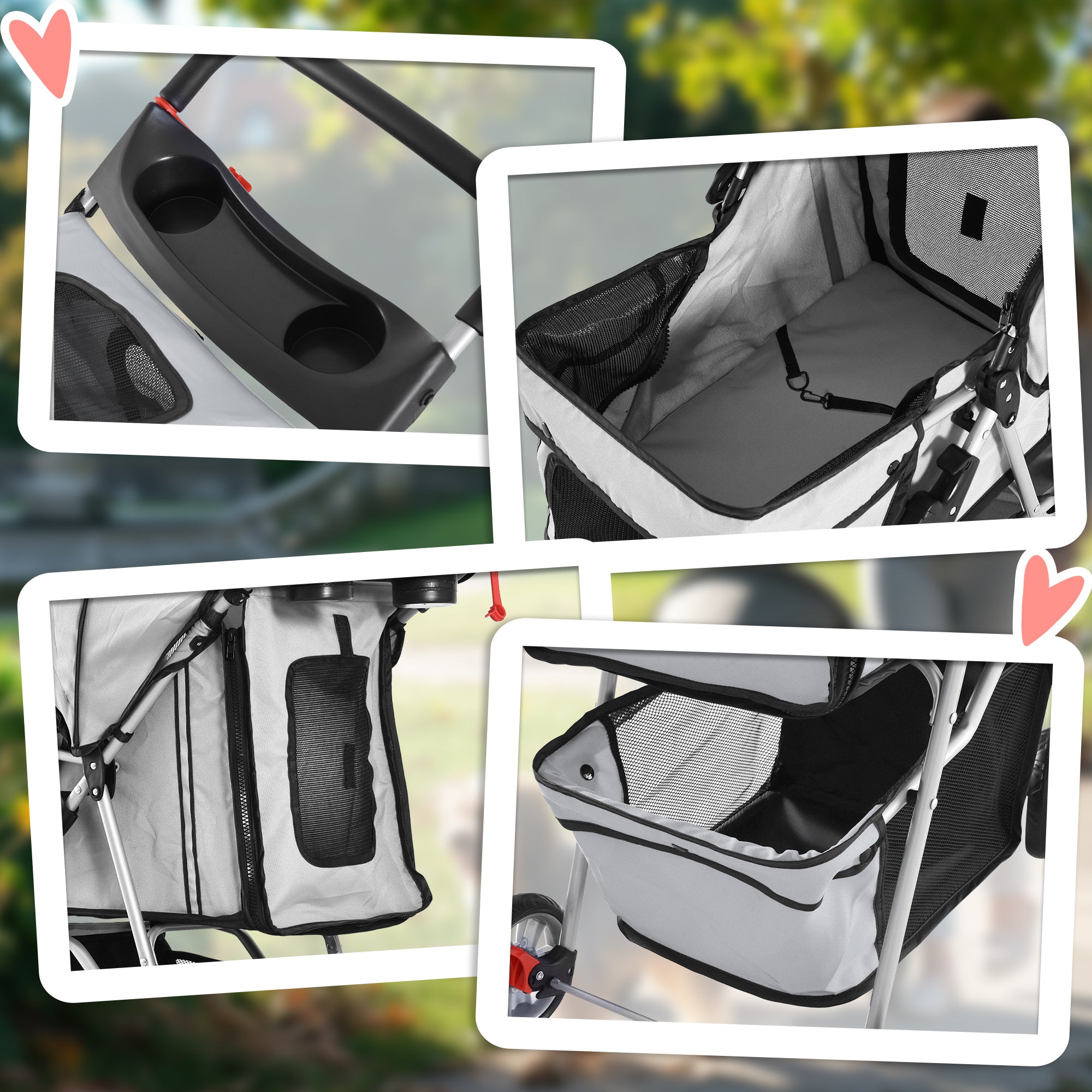 PawHut Dog Stroller, 3 Wheels Foldable Cat Dog Pram with Cup Holder, Storage Basket, Pet Stroller for Small Miniature Dogs, Grey 