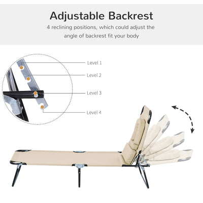 Outsunny Outdoor Foldable Sun Lounger, 4 Level Adjustable Backrest Reclining Sun Lounger Chair with Pillow and Reading Hole, Beige 