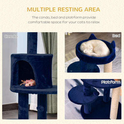 PawHut 104 cm Cat Tree, Cat Condo Tree Tower, Cat Activity Centre with Scratching Posts, Plush Perches, Hanging Ball - Blue 