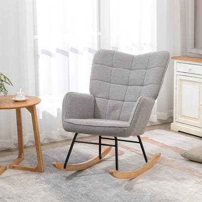 HOMCOM Berber Fleece Nursery Glider Rocker for Nursing, Wingback Rocking Chair for Living Room, Light Grey 