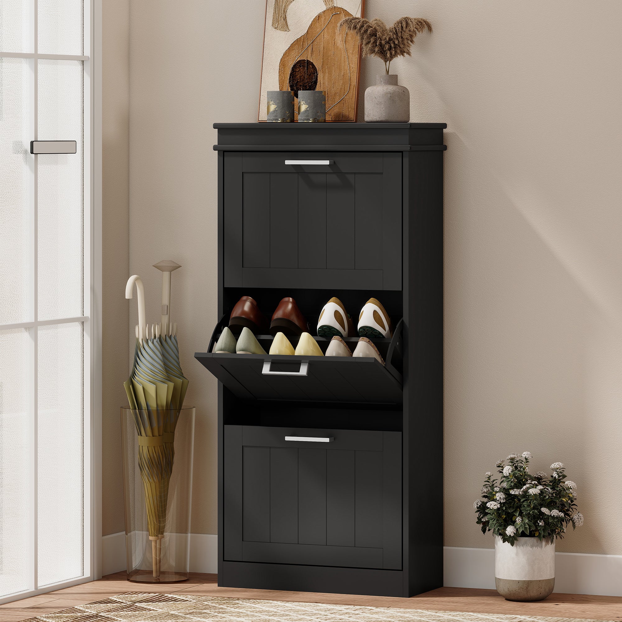 HOMCOM Three-Drawer Minimalistic Shoe Cabinet - Black 