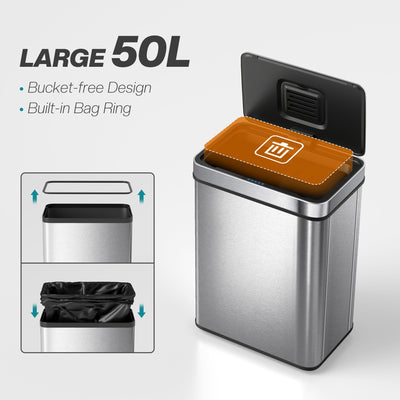 HOMCOM 50 L Sensor Can,  Sensor Bin with Soft-Close Lid, Fingerprint-Proof Stainless Steel, Silver Tone 