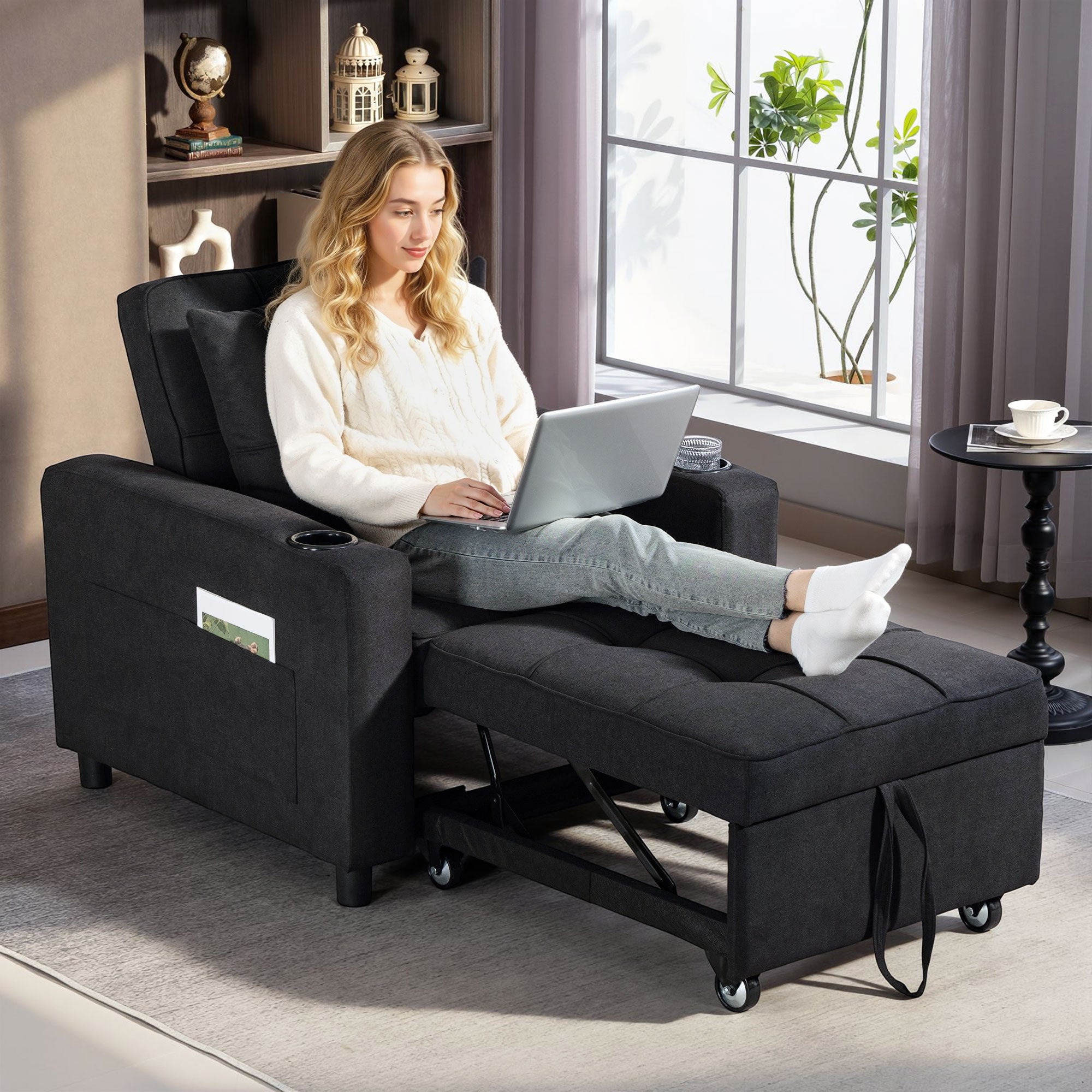 HOMCOM 3-in-1 Single Sofa Bed, Convertible Sleeper Chair Bed - Black 