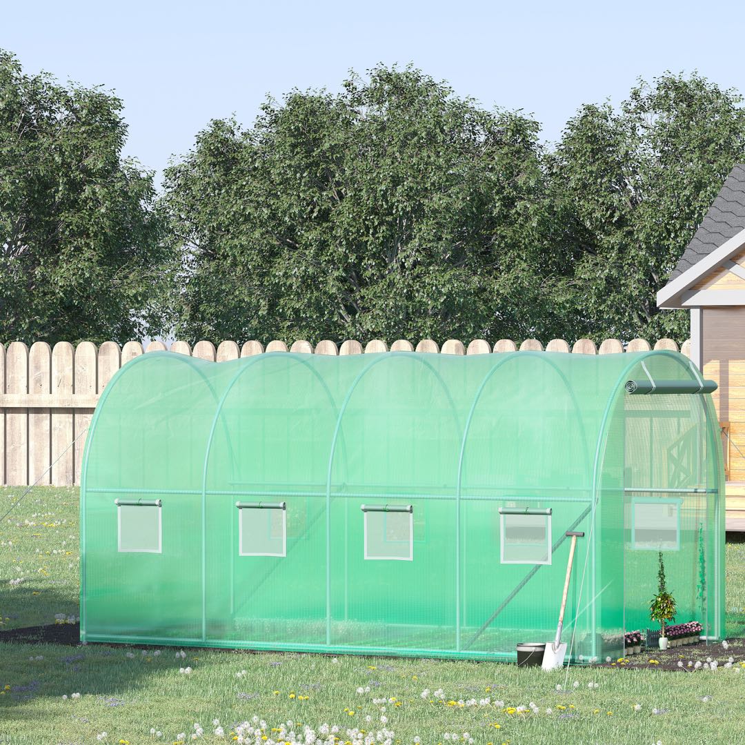 Outsunny Walk-in Polytunnel Greenhouse, Outdoor Garden Tunnel Greenhouse Tent with Zipped Roll-Up Door and 8 Mesh Windows, 4 x 2M 