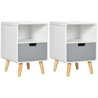HOMCOM Wooden Bedside Table End Nightstand With Drawer Wood Lamp Desk Storage Unit Bedroom Scandinavian Nordic Style, Set of 2 