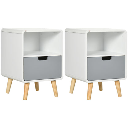 HOMCOM Wooden Bedside Table End Nightstand With Drawer Wood Lamp Desk Storage Unit Bedroom Scandinavian Nordic Style, Set of 2