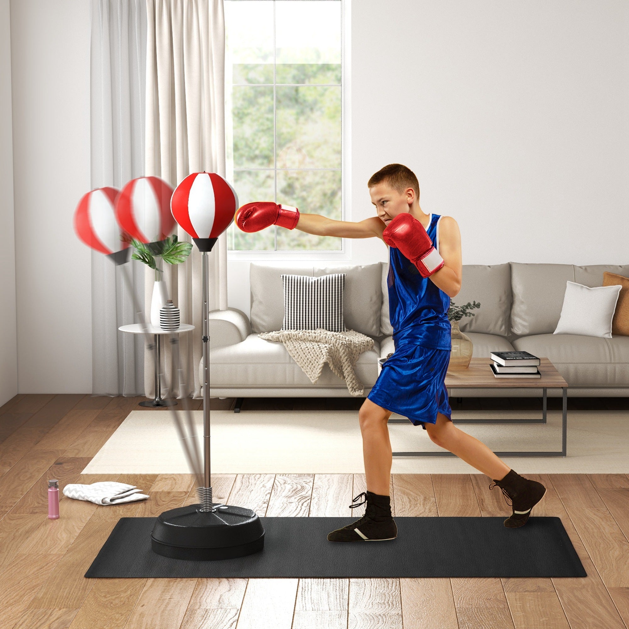 HOMCOM Punching Bag with Stand, Free Standing Boxing Set, Speed Bag with Speedball Adjustable Height from 126cm to 144cm for Teens, Red 