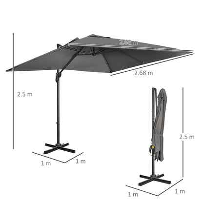 Outsunny 2.7 x 2.7 m Cantilever Parasol, Square Overhanging Umbrella with Cross Base, Crank Handle, Tilt, 360\'c2\'b0 Rotation and Aluminium Frame, Dark Grey 
