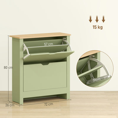 HOMCOM Slim Shoe Cabinet, Narrow Shoe Cupboard with 2 Flip Drawers, Adjustable Shelves for 12 Pairs of Shoes, Green 