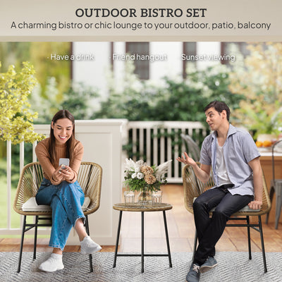 Outsunny 3 Pieces Rattan Bistro Set, Wicker Small Garden Table and Chairs Set with Cushions and Glass Top Coffee Table, Bistro Garden Furniture Set for Outdoor, Patio, Balcony, Natural 