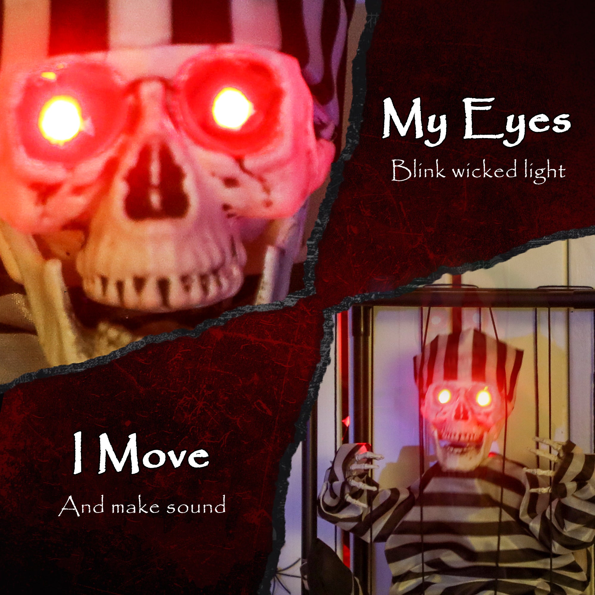 Outsunny Halloween Animated Hinging Skeleton Prisoner in Cage with Glowing LED Eyes, Spooky Skeleton Scary Halloween Decorations, Battery Operated, Indoor Party Props