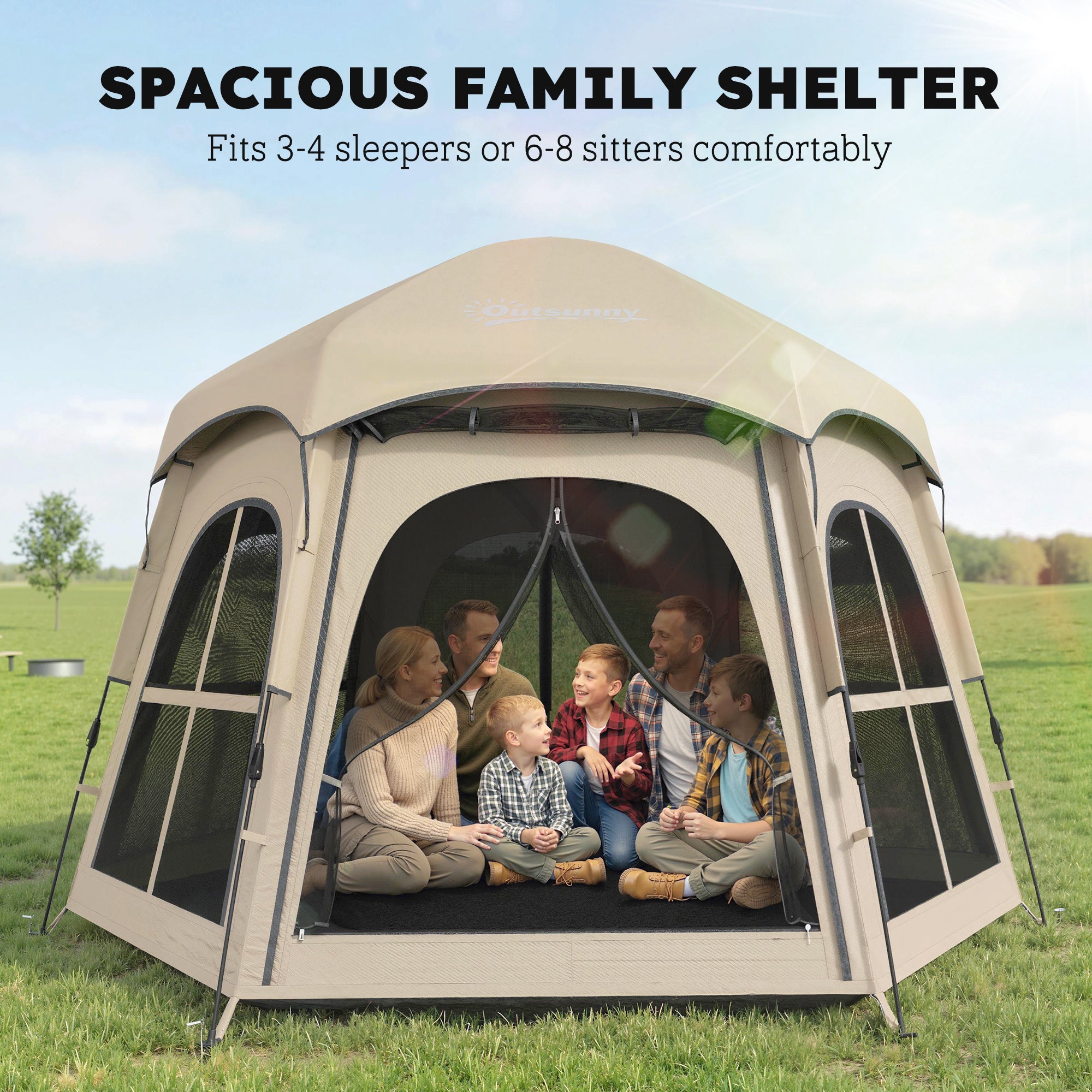 Outsunny Pop Up Tent 3000mm Waterproof Instant Camping Tent 3-4 Person with 2 Doors 4 Windows Khaki 