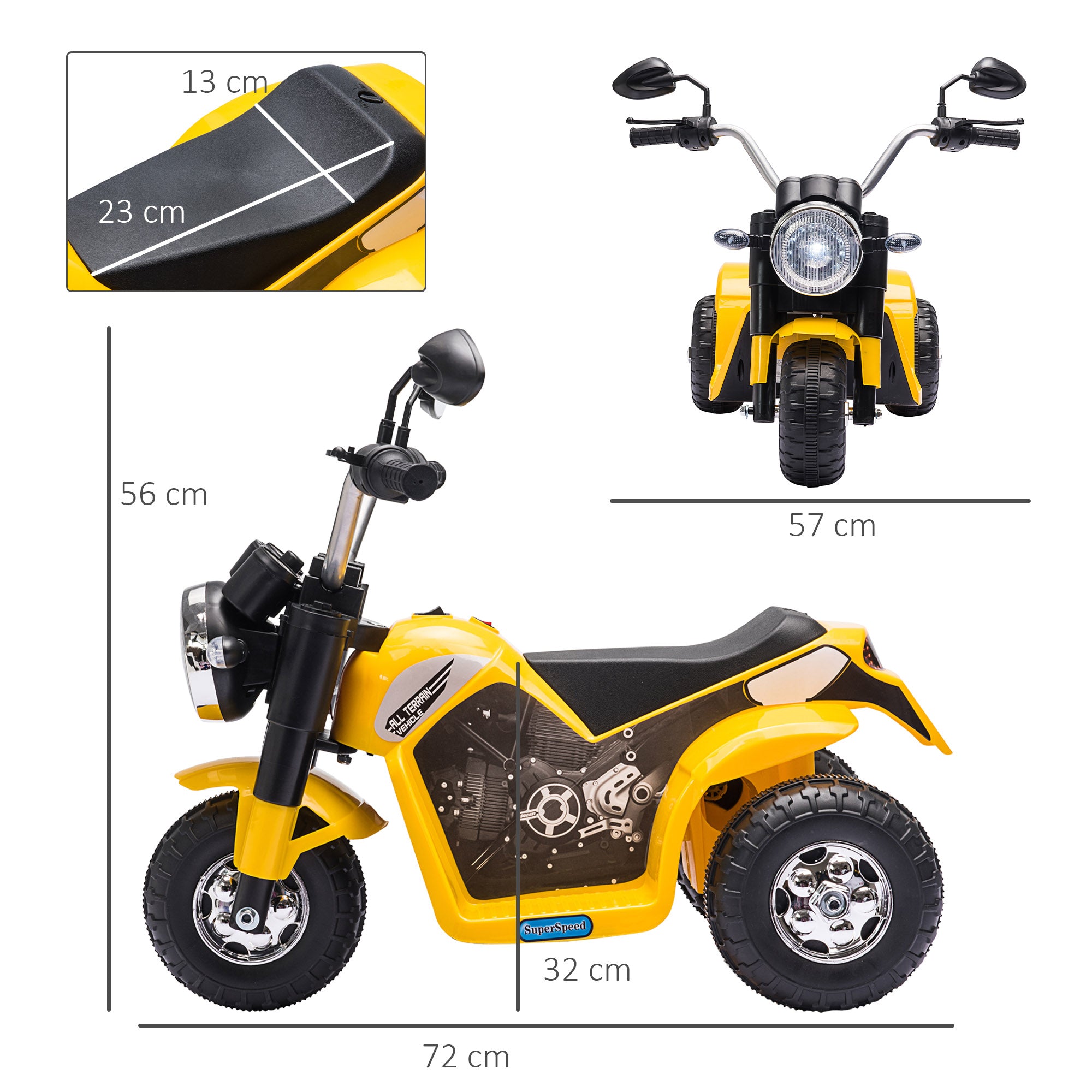 HOMCOM 6V Kids Electric Motorbike 3 Wheels Ride On Toy with Horn Headlights Realistic Sounds for Girl Boy 18 - 36 Months Yellow 