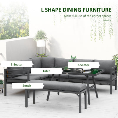 Outsunny\'c2\'a04\'c2\'a0Piece\'c2\'a0L-shaped Garden Furniture Set 8-Seater Aluminium Outdoor Dining Set Conversation Sofa Set w/ Bench, Dining Table & Cushions,\'c2\'a0Grey 