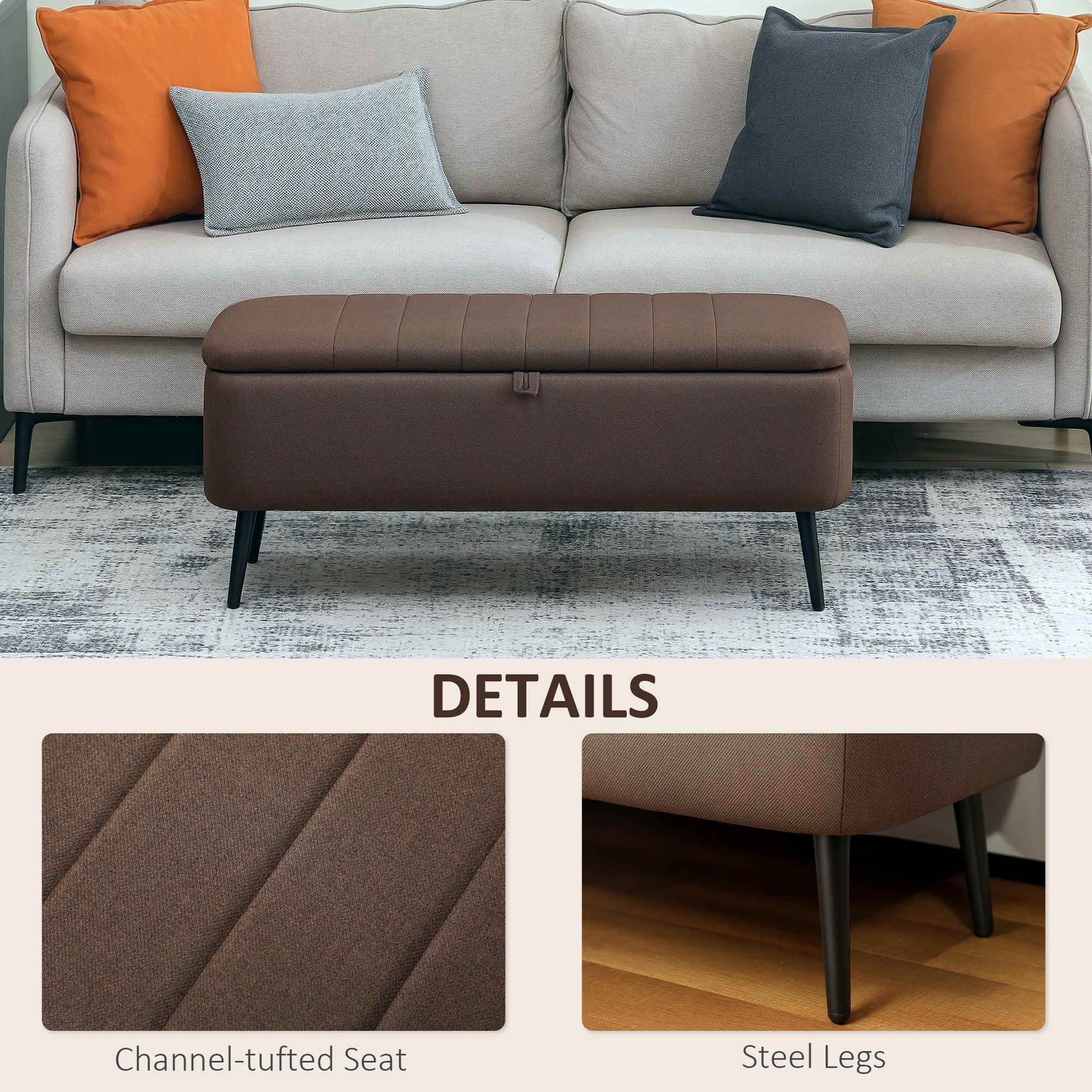 HOMCOM Linen-Look 92 x 31cm Storage Ottoman - Dark Brown