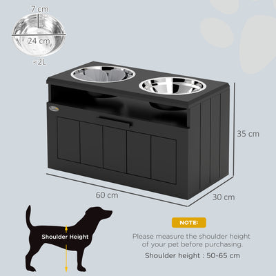 PawHut Raised Dog Bowl with Slow Feeder & 2 Stainless Steel Dog Bowl, 25L Storage Drawer, for Large & Extra Large Dogs, Black 