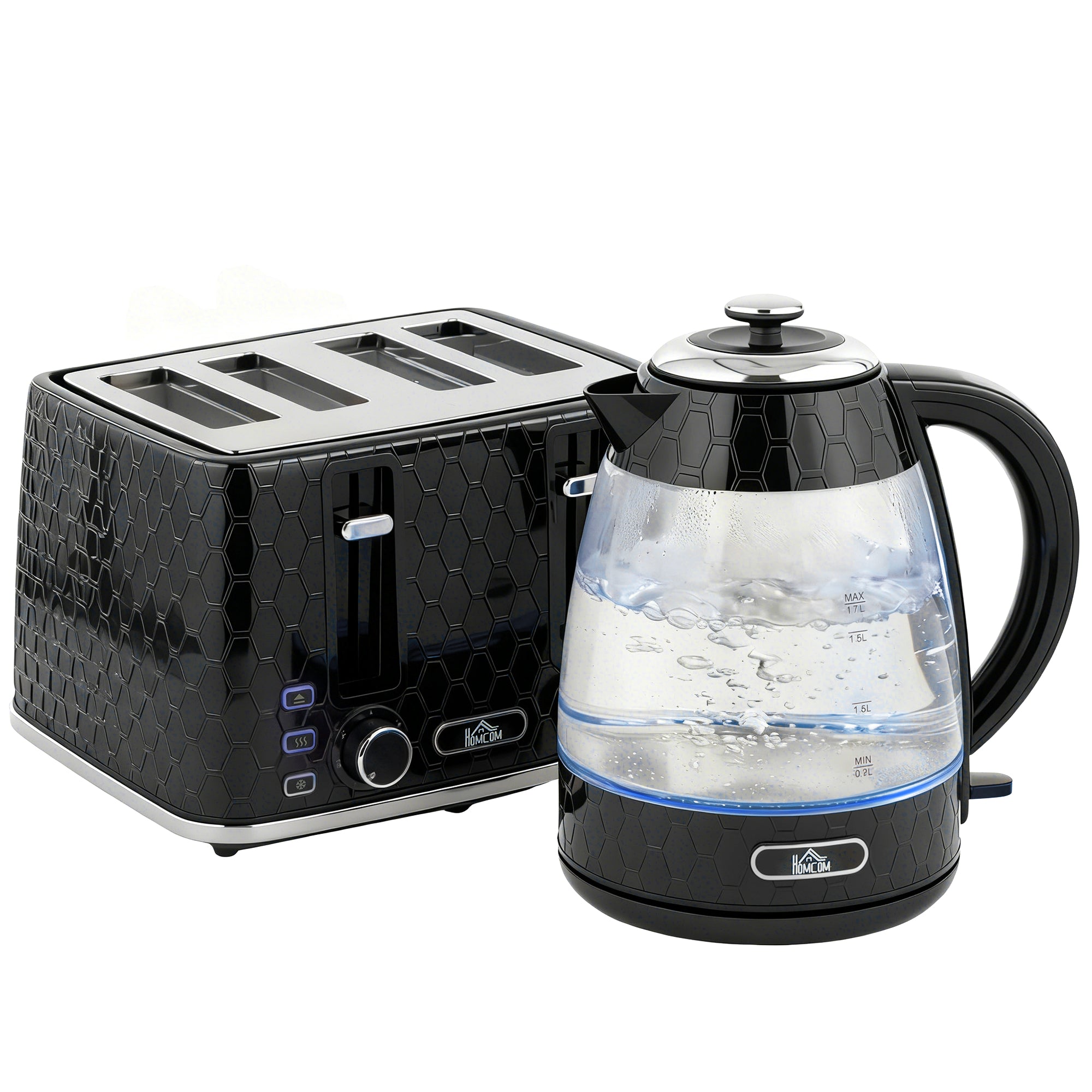HOMCOM Kettle and Toaster Set, 1.7L 3000W Rapid Kettle with Strix Thermostat, 4 Slice Toaster with 7 Browning Controls, Black 