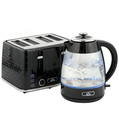 HOMCOM Kettle and Toaster Set, 1.7L 3000W Rapid Kettle with Strix Thermostat, 4 Slice Toaster with 7 Browning Controls, Black 