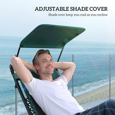 Outsunny Zero Gravity Lounger Chair Set of 2, Folding Reclining Patio Chair with Shade Cover, Padded Seat, Cup Holder, Soft Cushion and Headrest for Poolside, Camping, Green 
