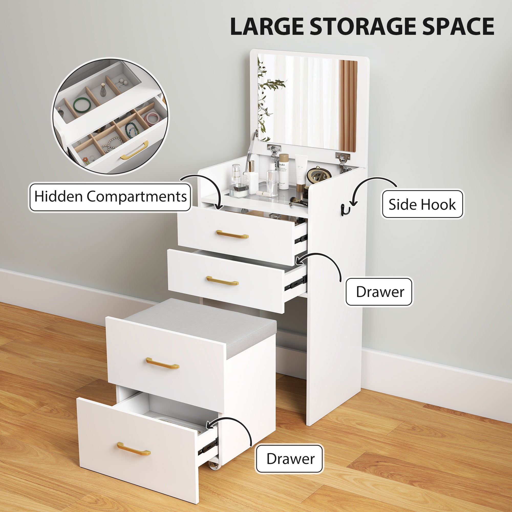 HOMCOM 3 in 1 Dressing Table with Flip-top Mirror and Rolling Stool, Modern Vanity Desk with Visible Glass Tabletop, Drawers and Side Hook, Makeup Table with Cushioned Storage Stool for Bedroom, White