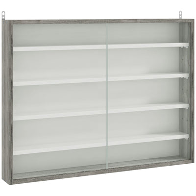 HOMCOM 5-Tier Wall Display Shelf Unit Cabinet w/ 4 Adjustable Shelves Glass Doors Home Office Ornaments 60x80cm Grey Wood Grain 