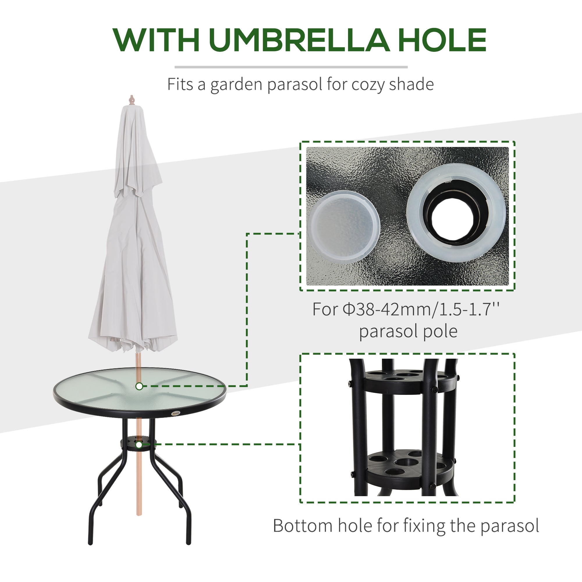Outsunny Bistro Table Outdoor Round Dining Coffee Table with Parasol Hole, Tempered Glass Top Side Table Patio Garden - 80cm Diameter 
