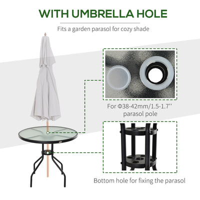 Outsunny Bistro Table Outdoor Round Dining Coffee Table with Parasol Hole, Tempered Glass Top Side Table Patio Garden - 80cm Diameter 