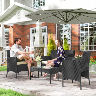 Outsunny 4 Piece Rattan Garden Furniture Sofa Set with Loveseat, Armchairs, Glass-Top Coffee Table and Cushions, Cream White 
